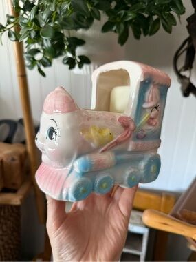 Vintage Pastel Ceramic Train Planter with Music Box